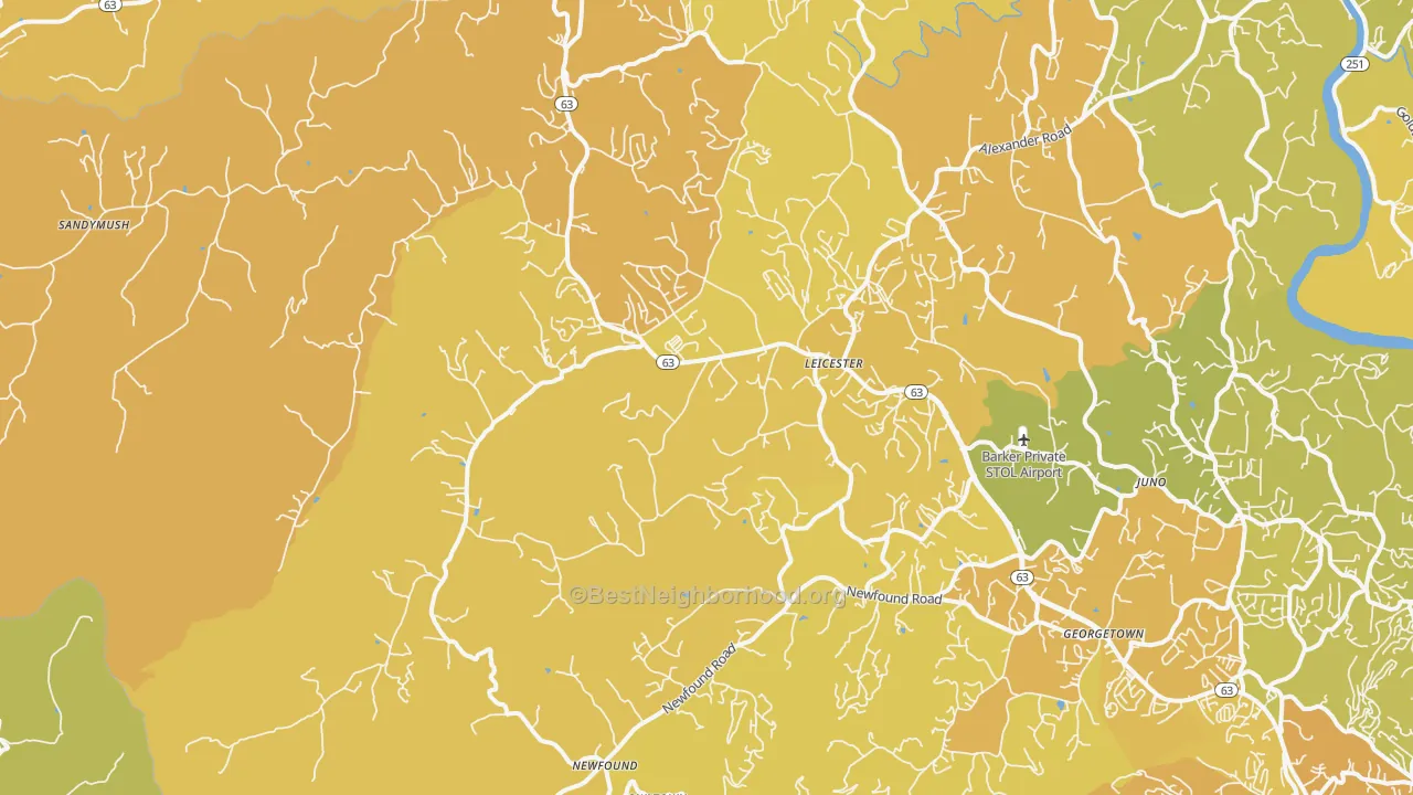 Map of the best neighborhoods in the 28748 area, with better matches in green and worse matches in red
