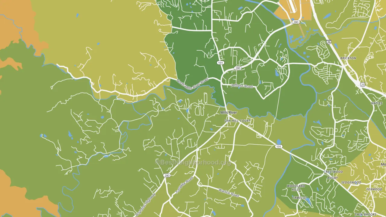 Map of the best neighborhoods in the 28759 area, with better matches in green and worse matches in red