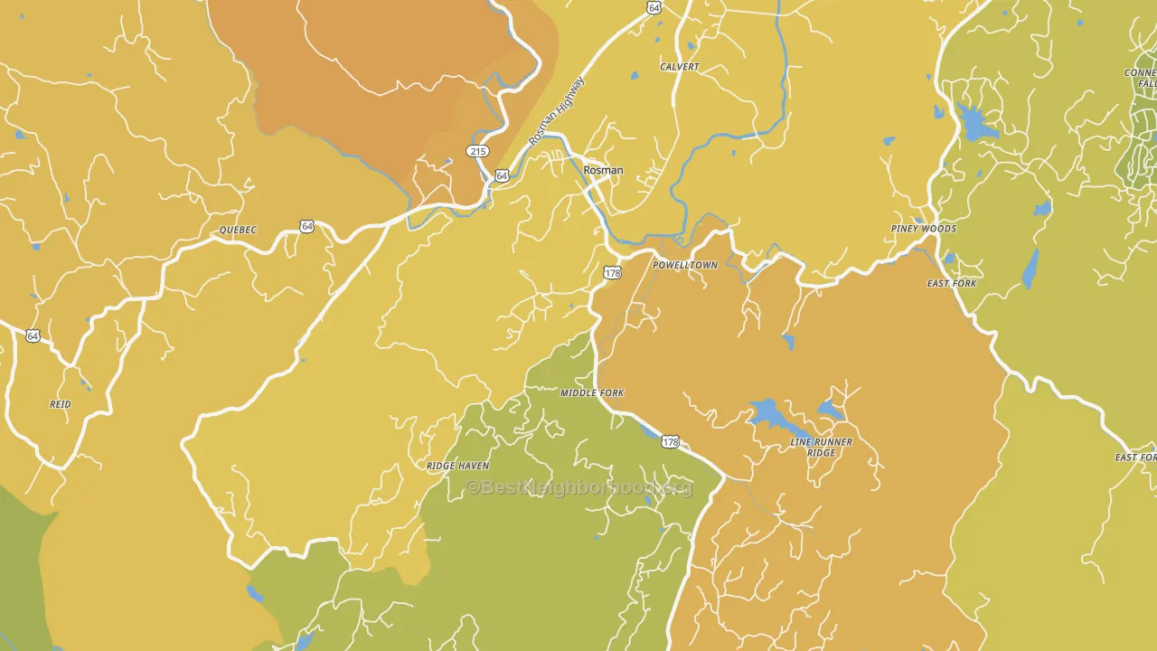 Map of the best neighborhoods in the 28772 area, with better matches in green and worse matches in red