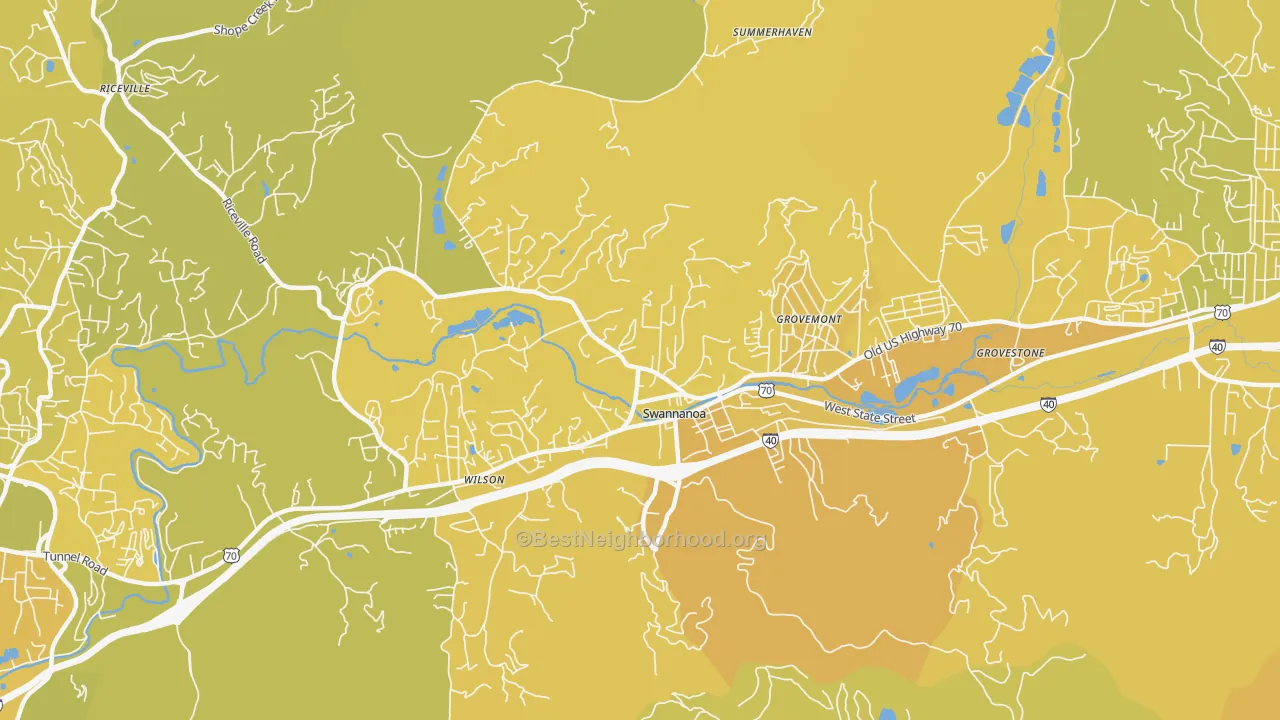 Map of the best neighborhoods in the 28778 area, with better matches in green and worse matches in red