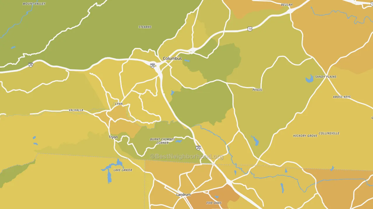 Map of the best neighborhoods in the 28782 area, with better matches in green and worse matches in red
