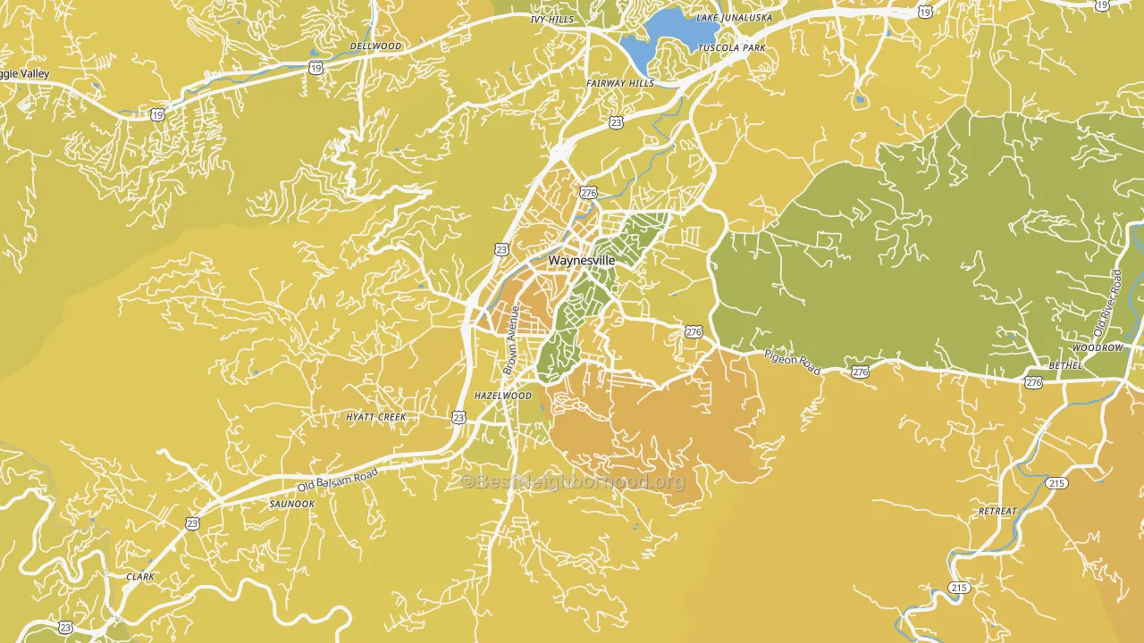Map of the best neighborhoods in the 28786 area, with better matches in green and worse matches in red