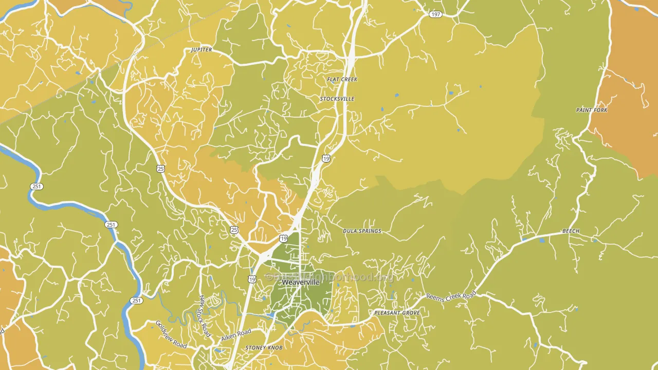 Map of the best neighborhoods in the 28787 area, with better matches in green and worse matches in red