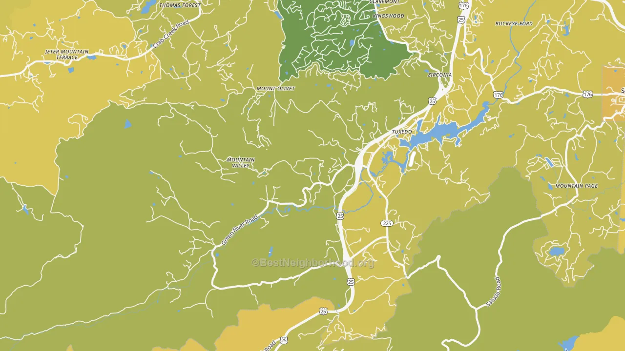 Map of the best neighborhoods in the 28790 area, with better matches in green and worse matches in red
