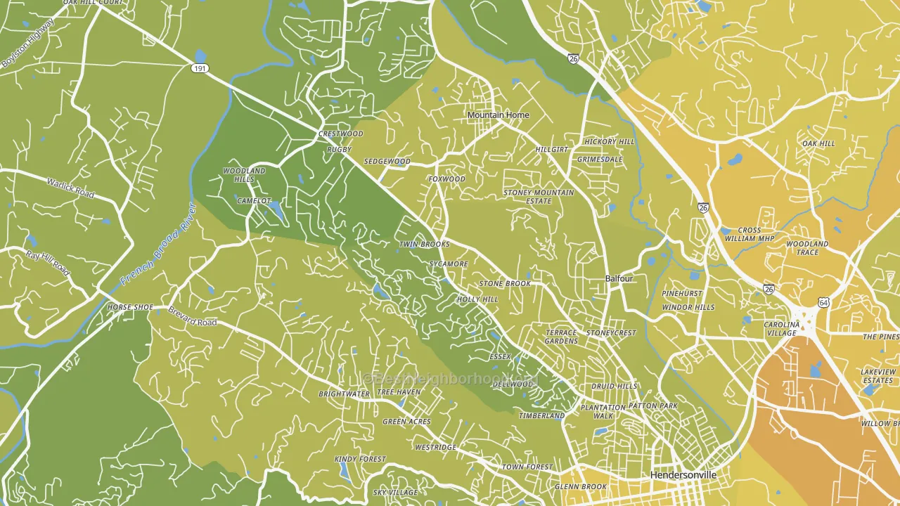 Map of the best neighborhoods in the 28791 area, with better matches in green and worse matches in red