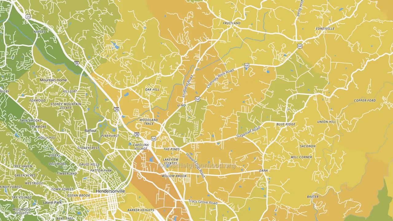 Map of the best neighborhoods in the 28792 area, with better matches in green and worse matches in red