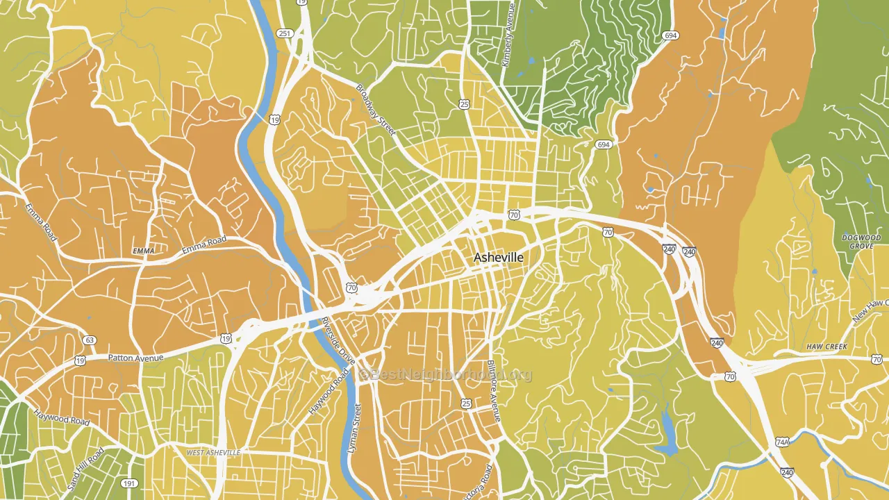 Map of the best neighborhoods in the 28801 area, with better matches in green and worse matches in red