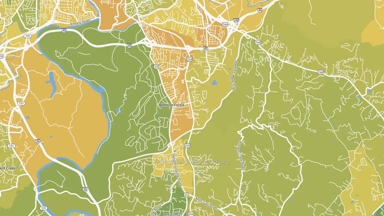 Map of the best neighborhoods in the 28803 area, with better matches in green and worse matches in red