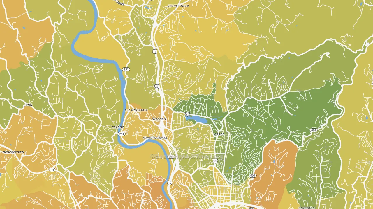 Map of the best neighborhoods in the 28804 area, with better matches in green and worse matches in red