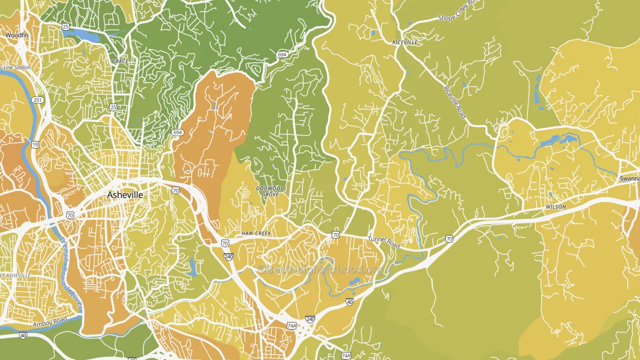 Map of the best neighborhoods in the 28805 area, with better matches in green and worse matches in red