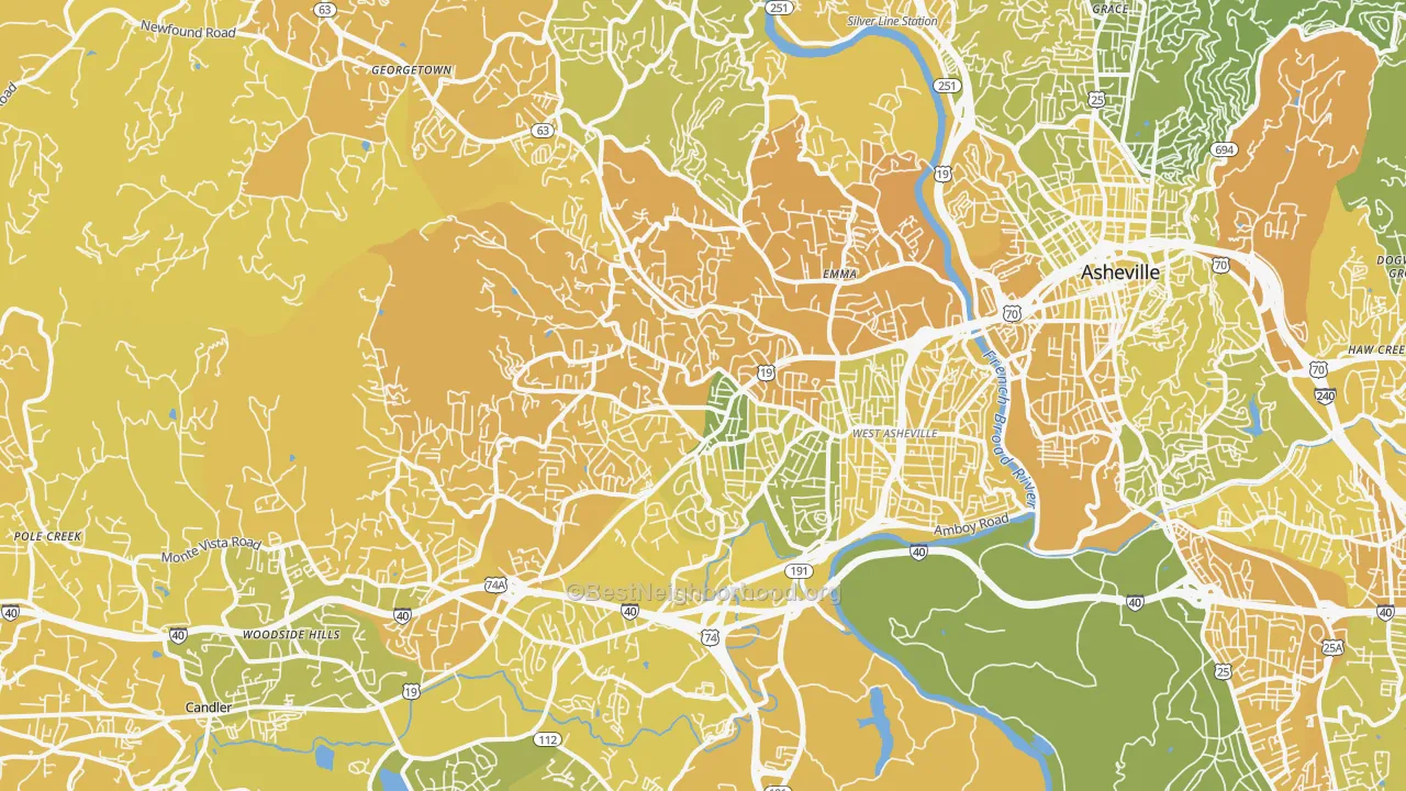 Map of the best neighborhoods in the 28806 area, with better matches in green and worse matches in red