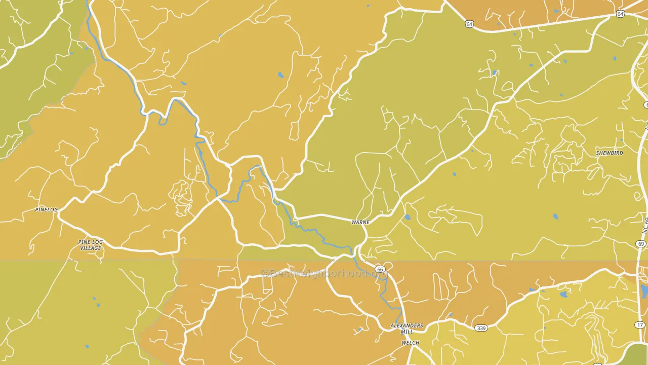 Map of the best neighborhoods in the 28909 area, with better matches in green and worse matches in red