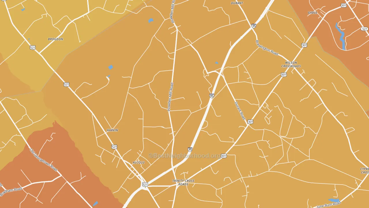 Map of the best neighborhoods in the 29001 area, with better matches in green and worse matches in red