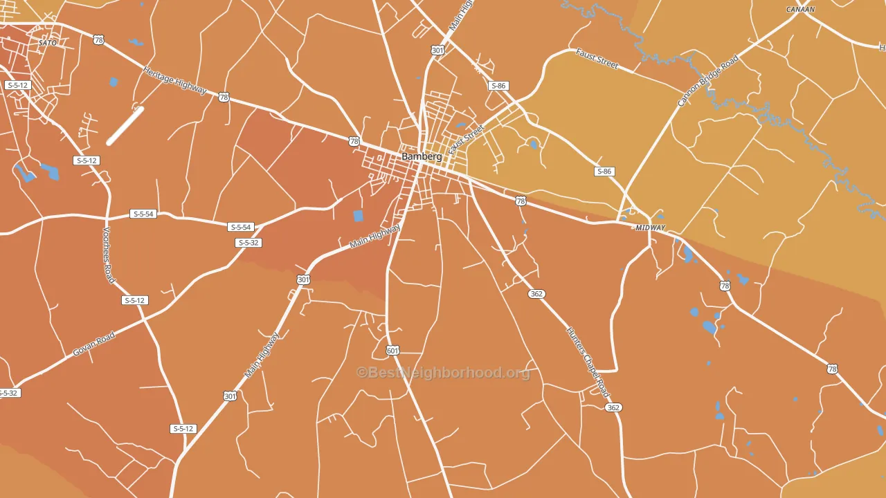 Map of the best neighborhoods in the 29003 area, with better matches in green and worse matches in red