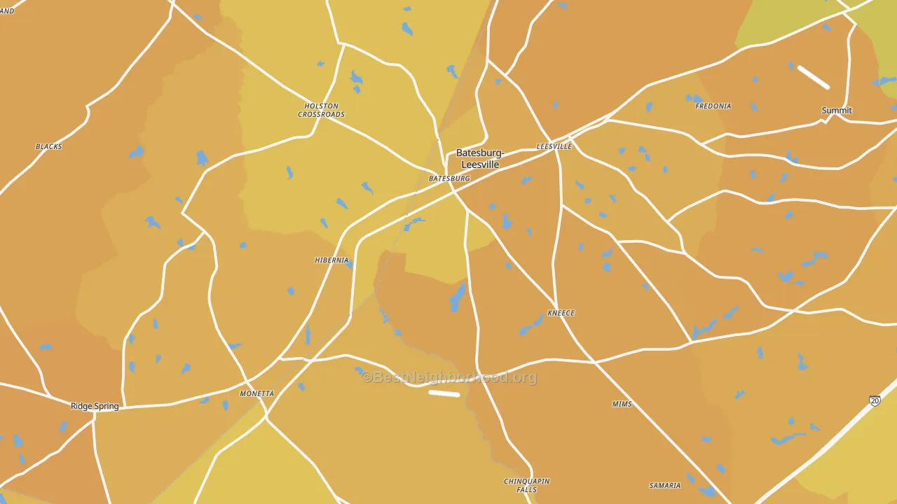 Map of the best neighborhoods in the 29006 area, with better matches in green and worse matches in red