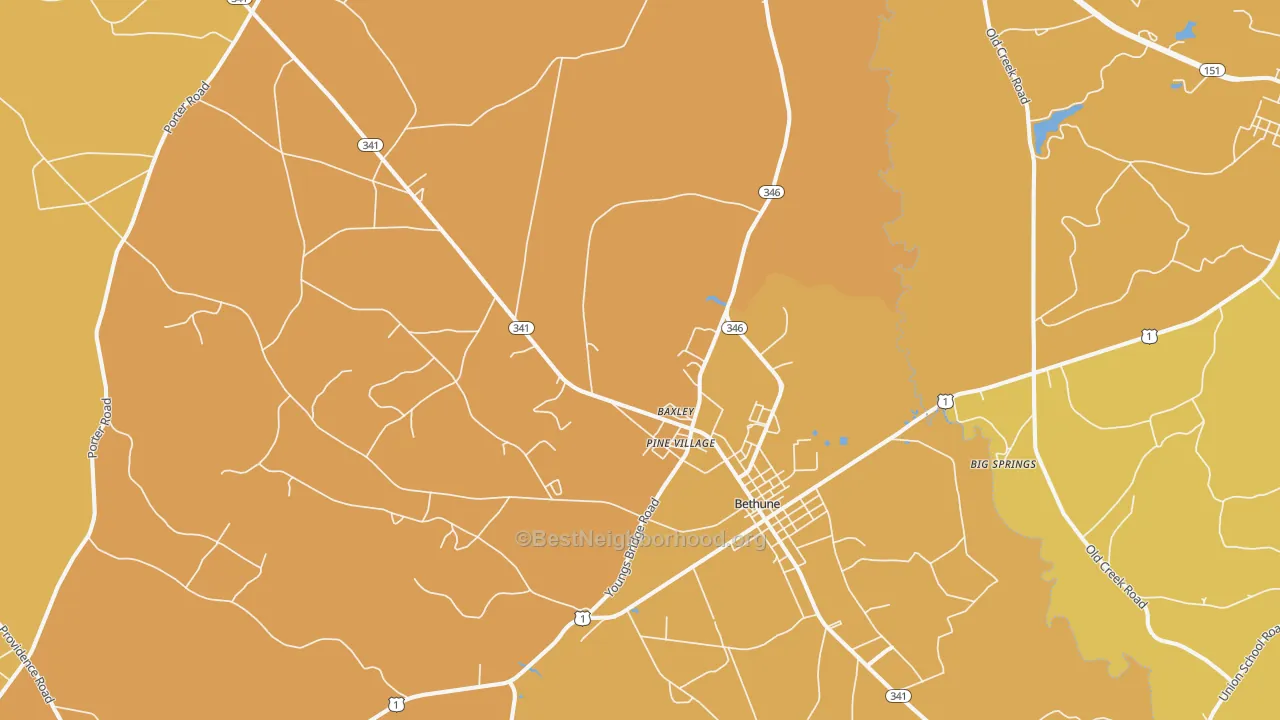 Map of the best neighborhoods in the 29009 area, with better matches in green and worse matches in red