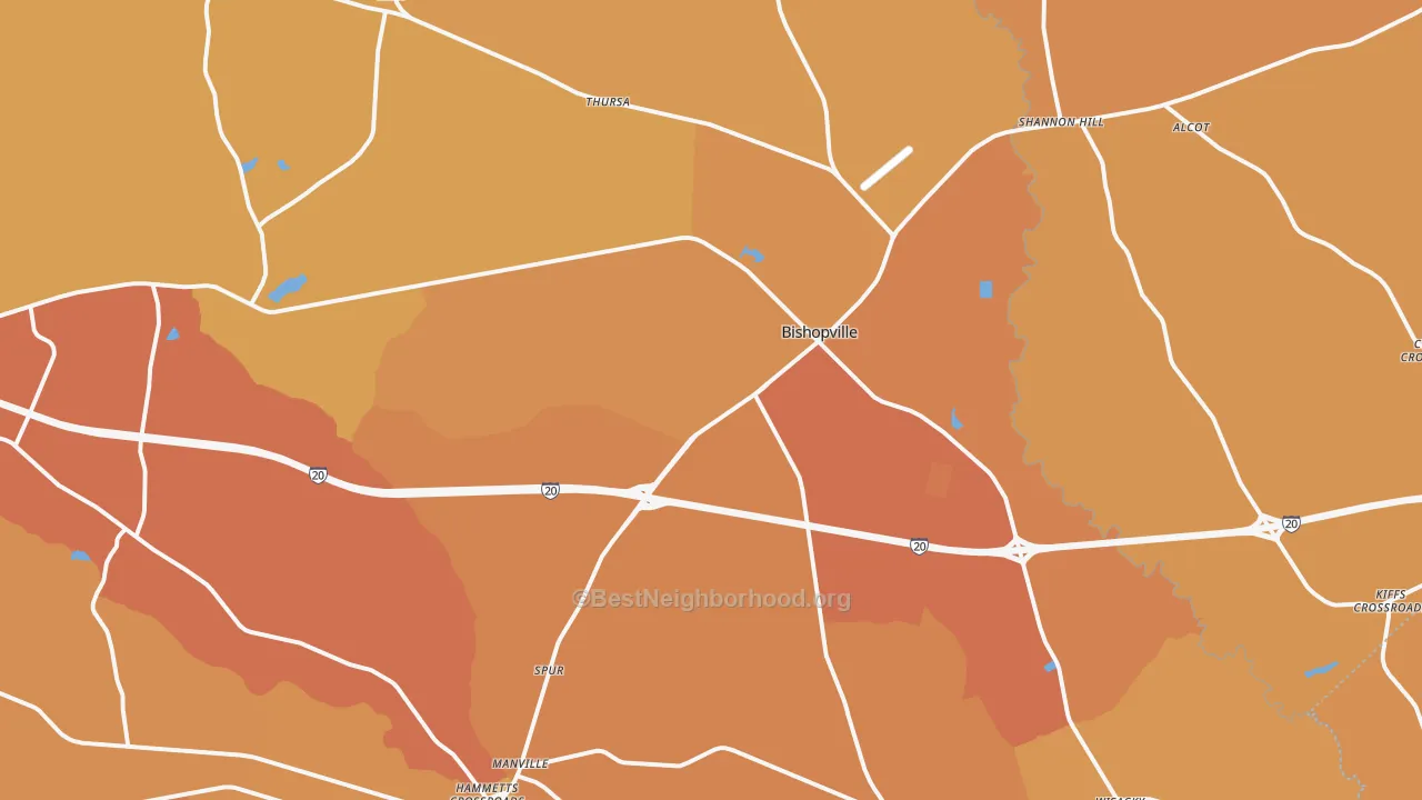 Map of the best neighborhoods in the 29010 area, with better matches in green and worse matches in red