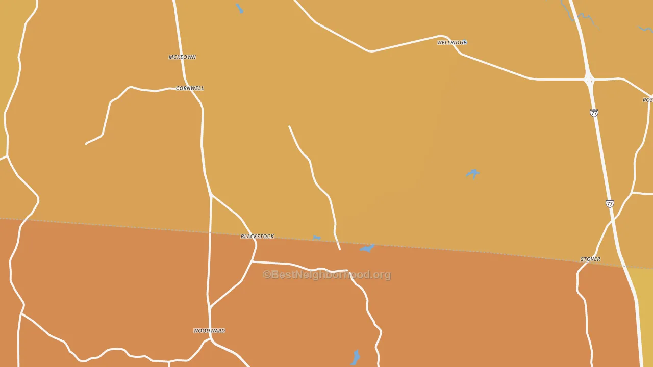 Map of the best neighborhoods in the 29014 area, with better matches in green and worse matches in red