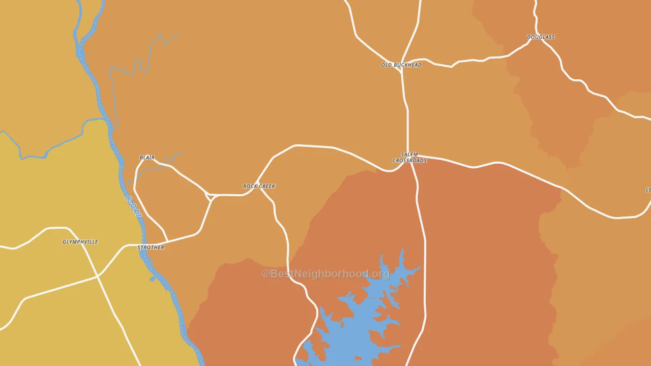 Map of the best neighborhoods in the 29015 area, with better matches in green and worse matches in red