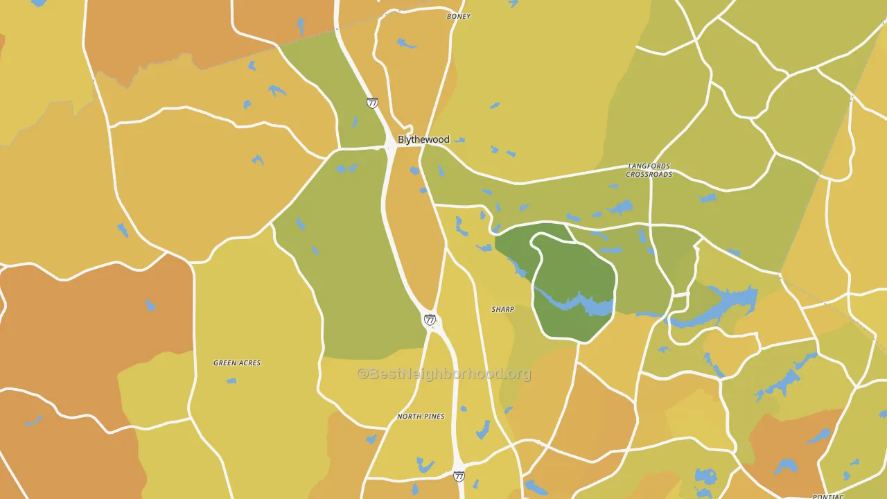 Map of the best neighborhoods in the 29016 area, with better matches in green and worse matches in red
