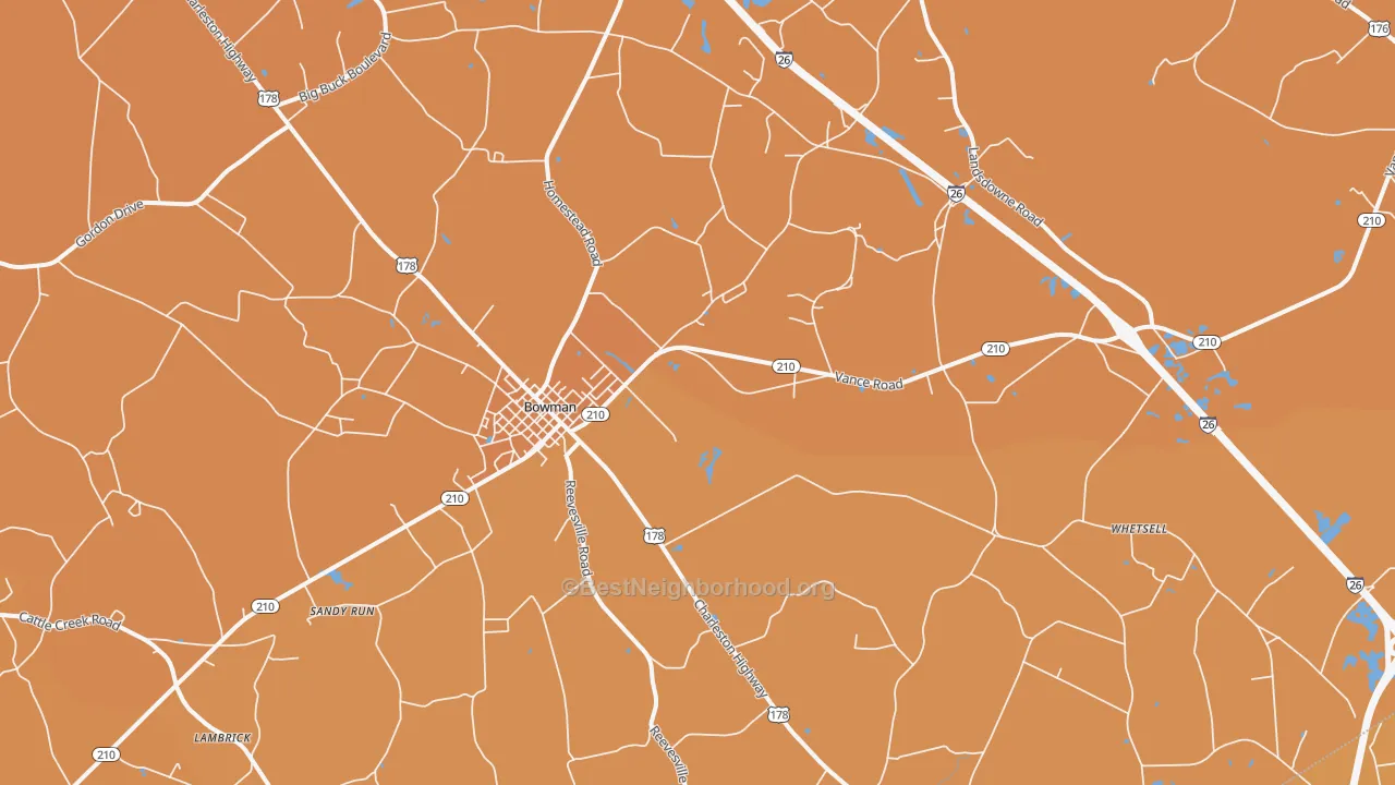 Map of the best neighborhoods in the 29018 area, with better matches in green and worse matches in red