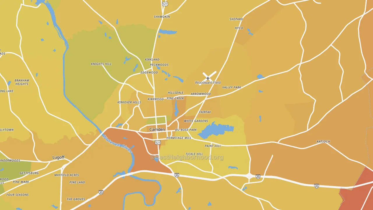 Map of the best neighborhoods in the 29020 area, with better matches in green and worse matches in red