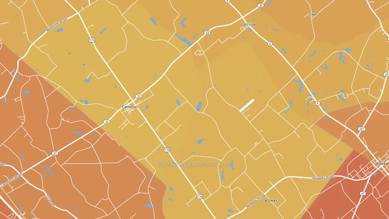 Map of the best neighborhoods in the 29030 area, with better matches in green and worse matches in red