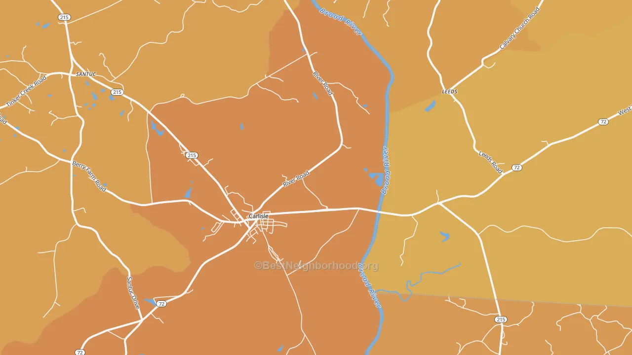 Map of the best neighborhoods in the 29031 area, with better matches in green and worse matches in red