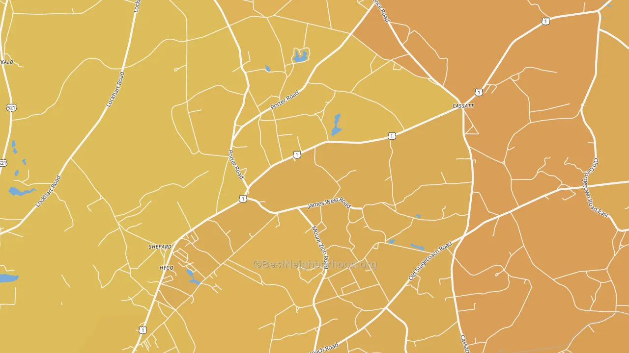 Map of the best neighborhoods in the 29032 area, with better matches in green and worse matches in red