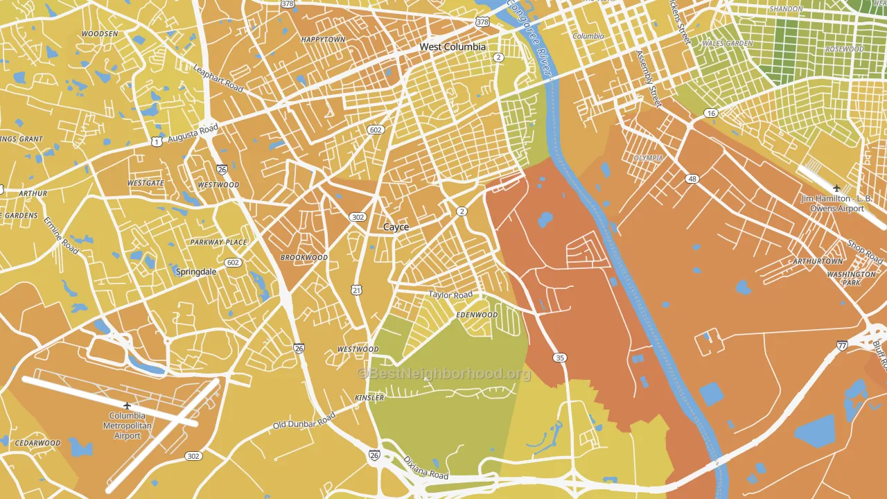 Map of the best neighborhoods in the 29033 area, with better matches in green and worse matches in red