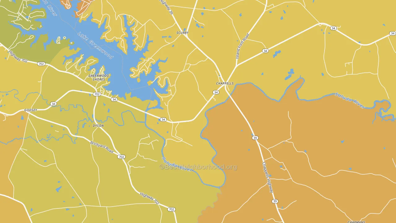 Map of the best neighborhoods in the 29037 area, with better matches in green and worse matches in red