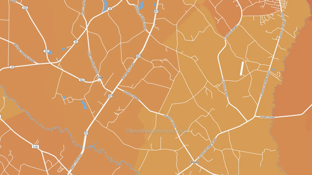Map of the best neighborhoods in the 29038 area, with better matches in green and worse matches in red