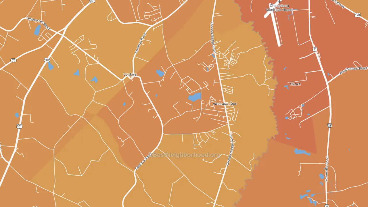 Map of the best neighborhoods in the 29039 area, with better matches in green and worse matches in red