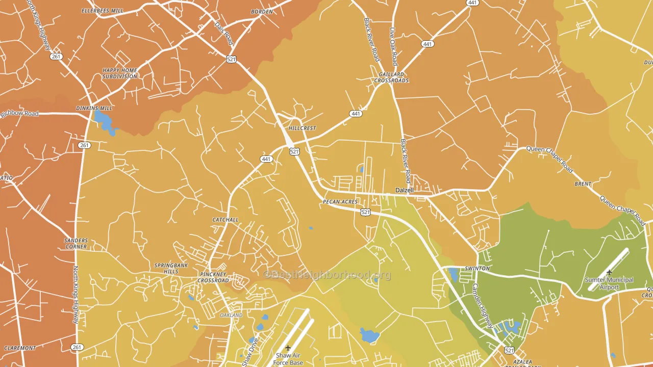 Map of the best neighborhoods in the 29040 area, with better matches in green and worse matches in red