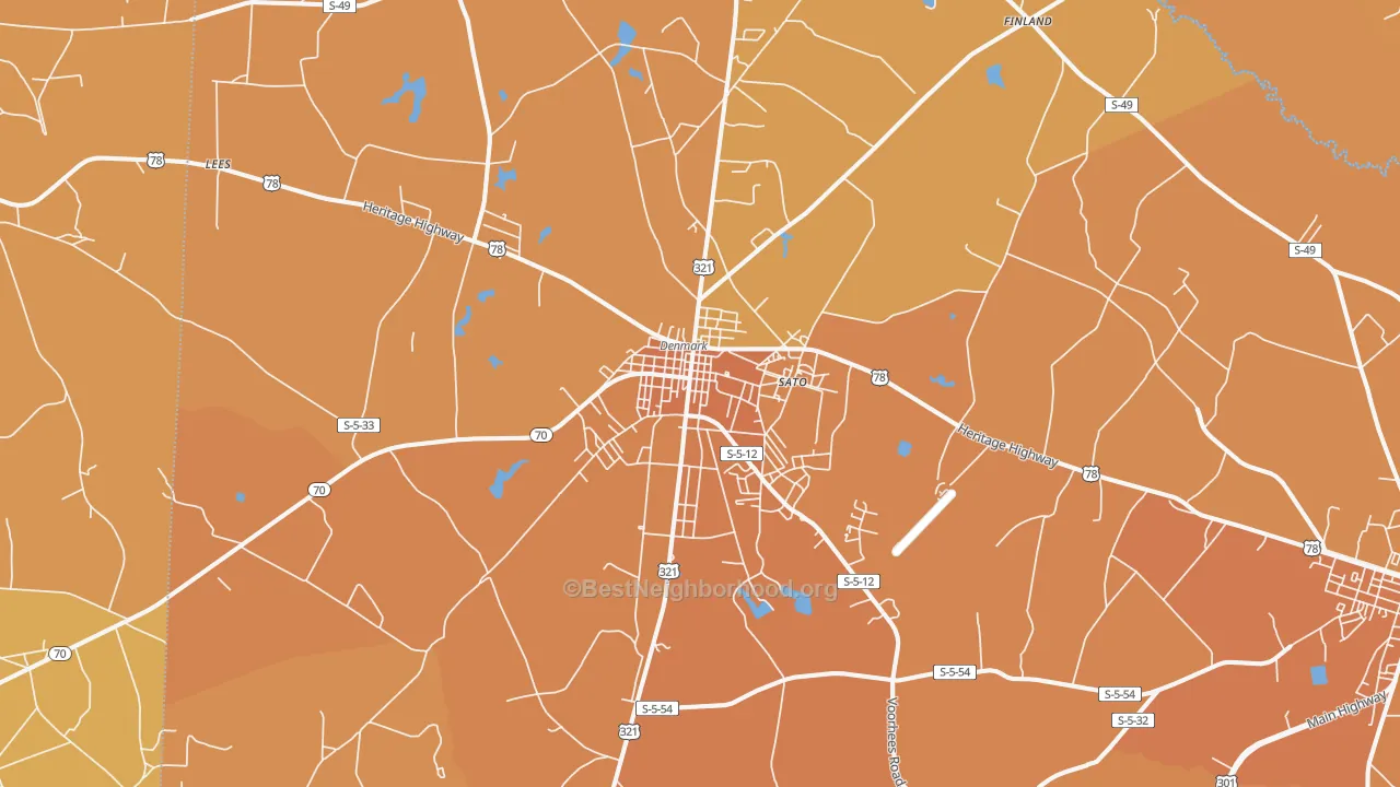 Map of the best neighborhoods in the 29042 area, with better matches in green and worse matches in red
