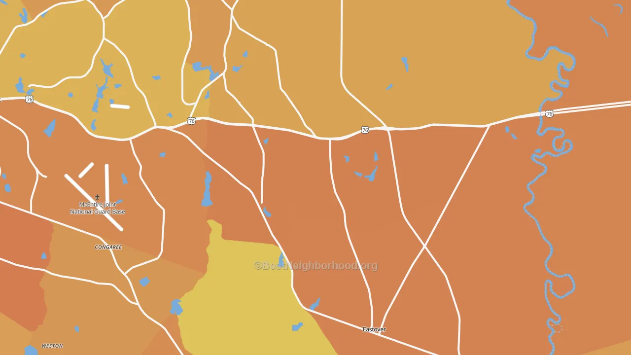 Map of the best neighborhoods in the 29044 area, with better matches in green and worse matches in red