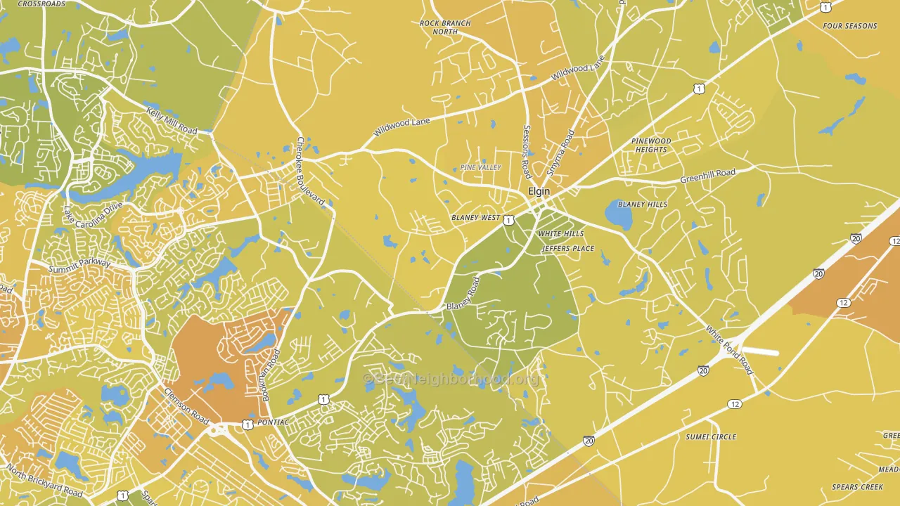 Map of the best neighborhoods in the 29045 area, with better matches in green and worse matches in red