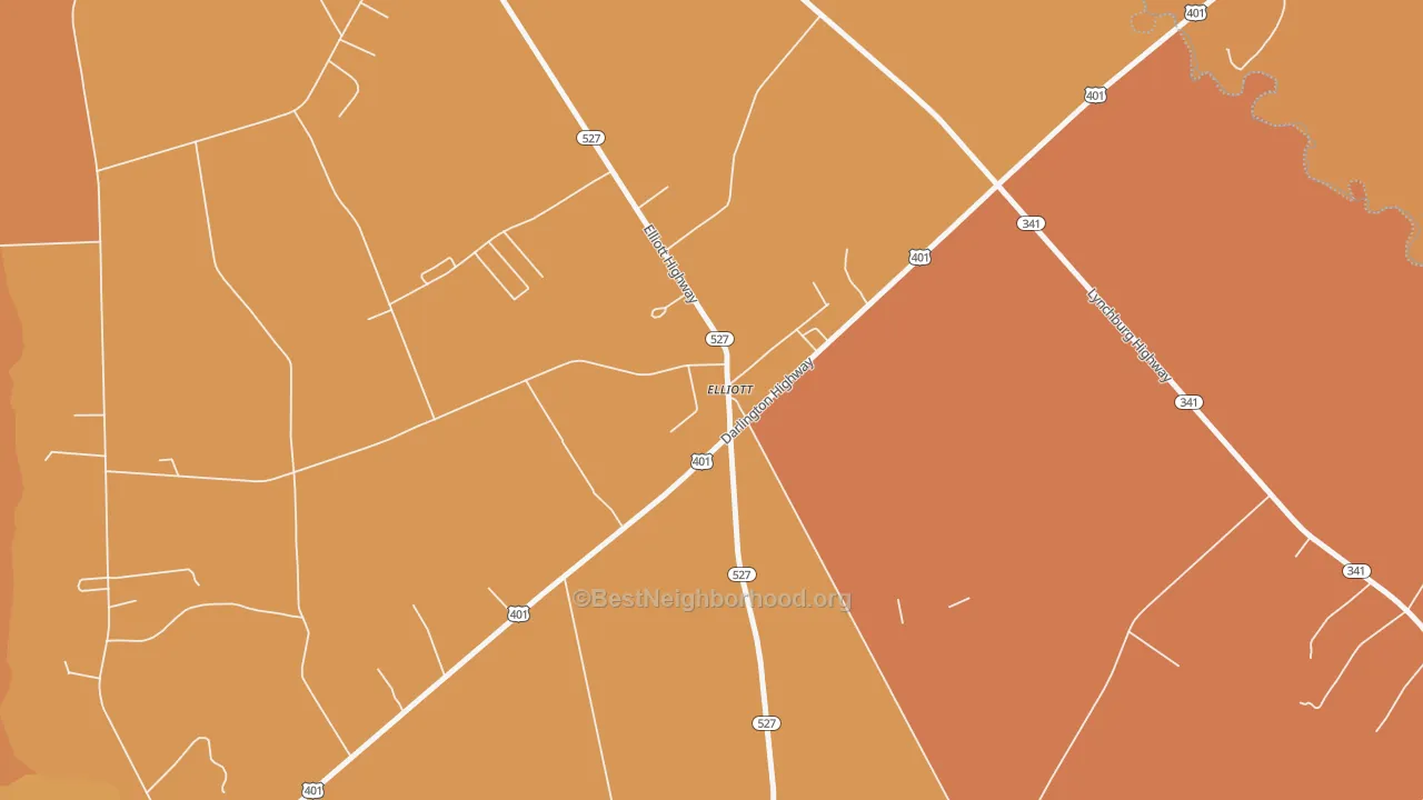 Map of the best neighborhoods in the 29046 area, with better matches in green and worse matches in red