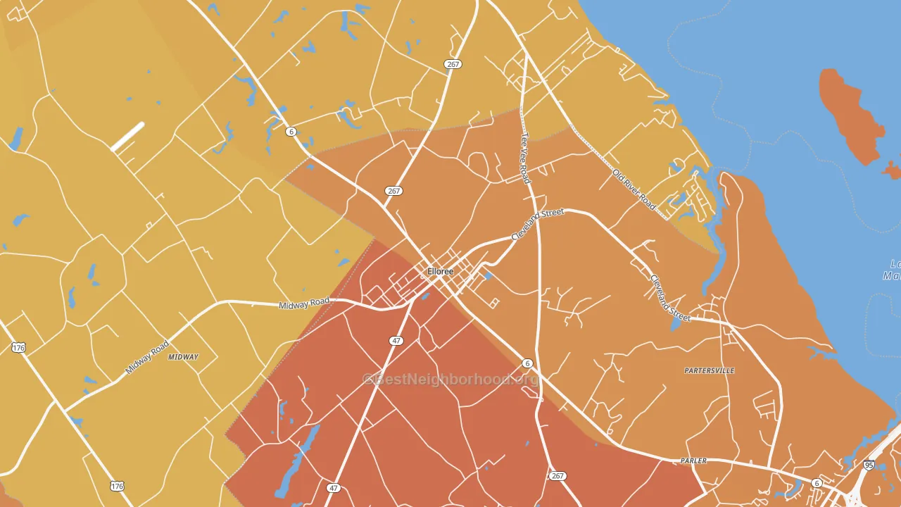 Map of the best neighborhoods in the 29047 area, with better matches in green and worse matches in red