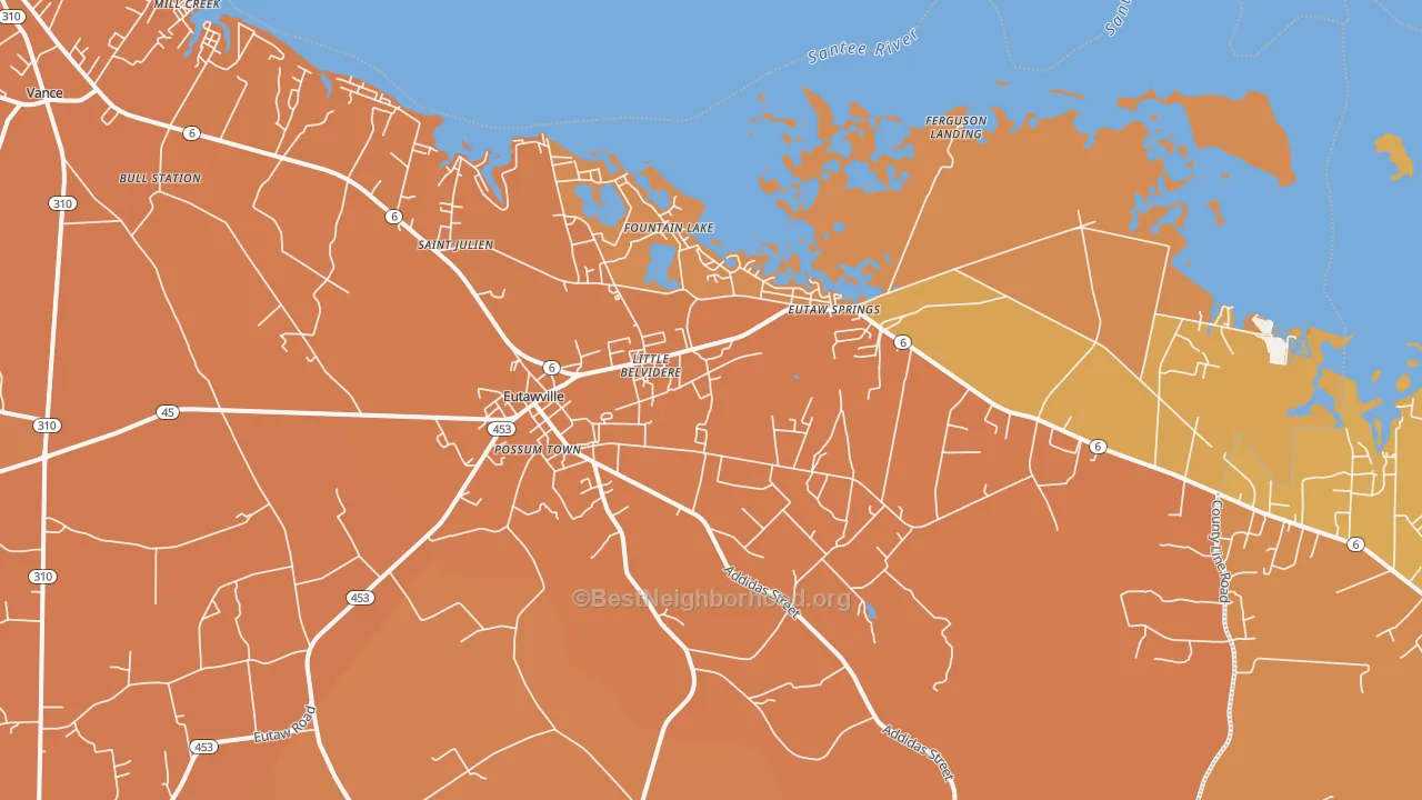 Map of the best neighborhoods in the 29048 area, with better matches in green and worse matches in red