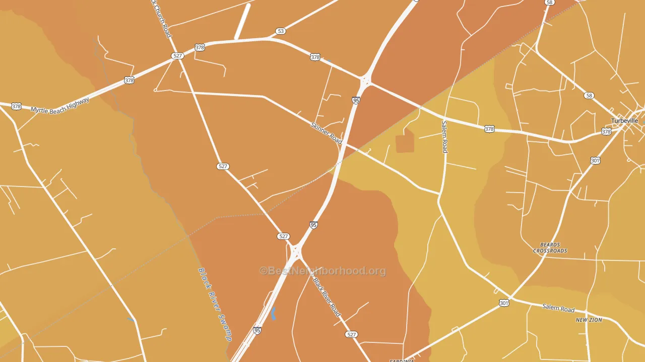 Map of the best neighborhoods in the 29051 area, with better matches in green and worse matches in red