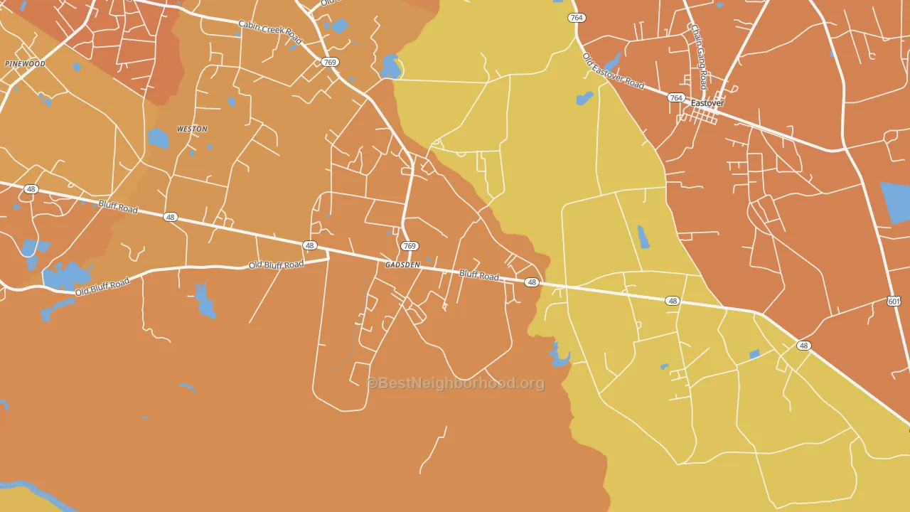 Map of the best neighborhoods in the 29052 area, with better matches in green and worse matches in red