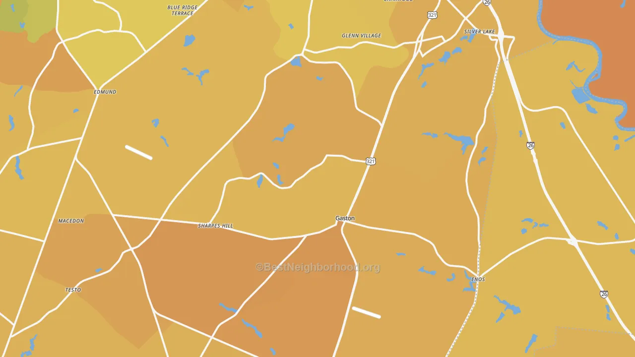 Map of the best neighborhoods in the 29053 area, with better matches in green and worse matches in red