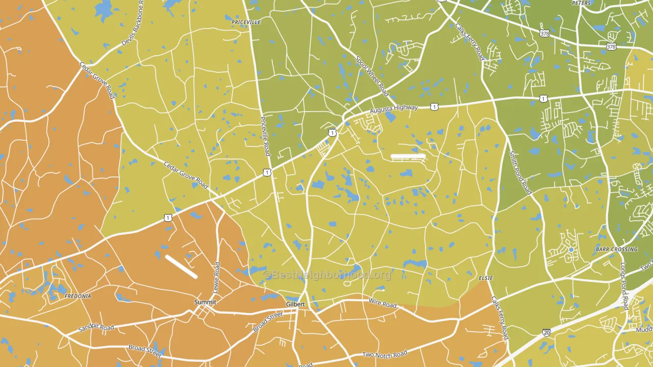 Map of the best neighborhoods in the 29054 area, with better matches in green and worse matches in red