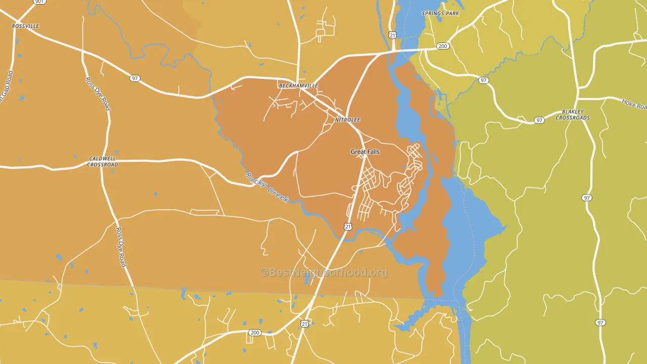 Map of the best neighborhoods in the 29055 area, with better matches in green and worse matches in red