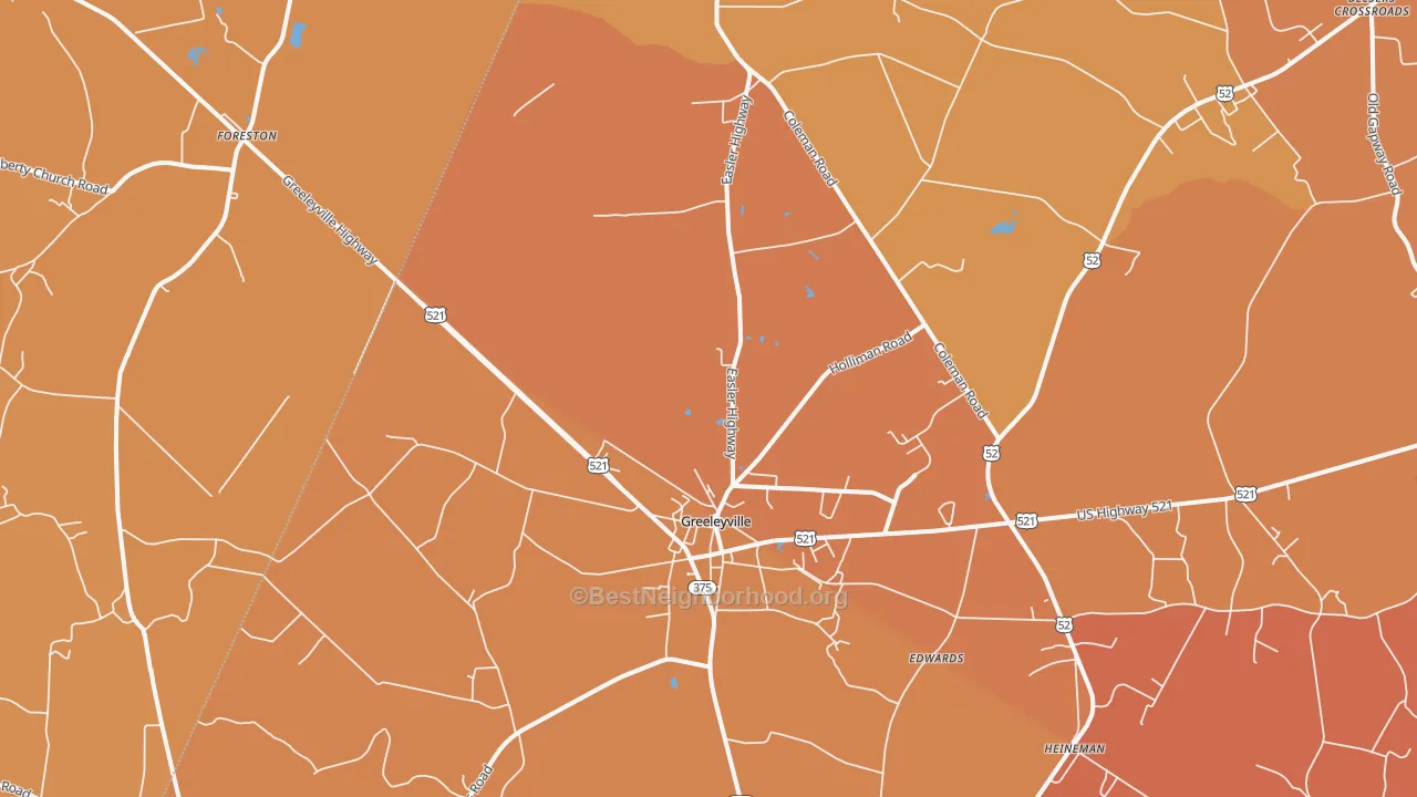 Map of the best neighborhoods in the 29056 area, with better matches in green and worse matches in red