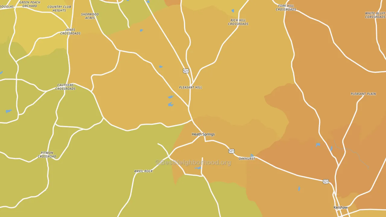 Map of the best neighborhoods in the 29058 area, with better matches in green and worse matches in red