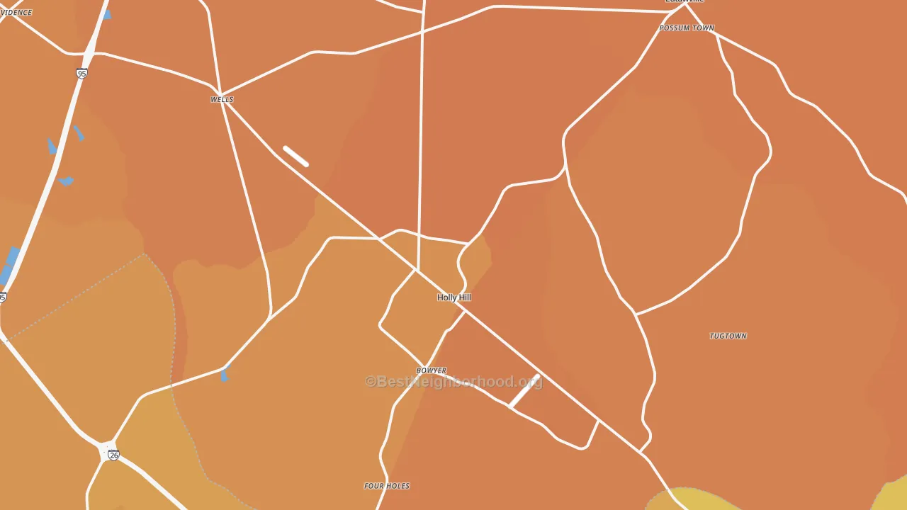 Map of the best neighborhoods in the 29059 area, with better matches in green and worse matches in red