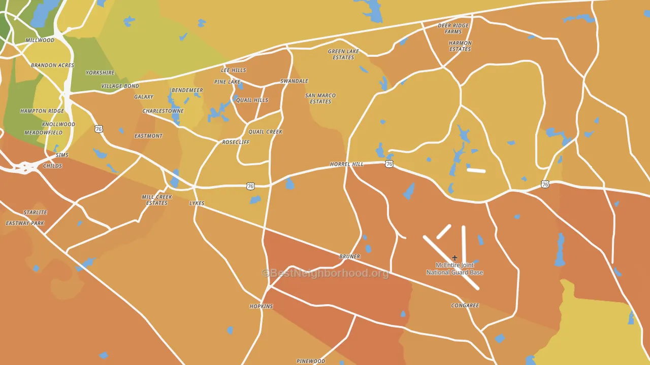 Map of the best neighborhoods in the 29061 area, with better matches in green and worse matches in red