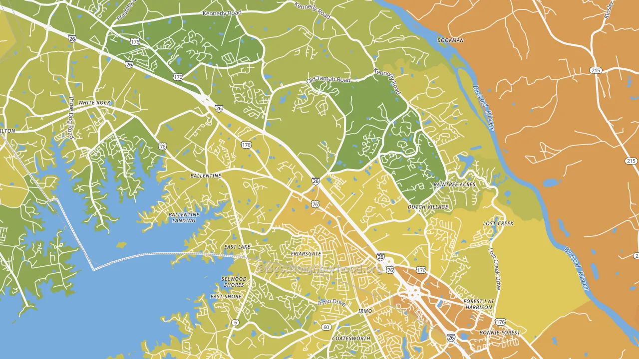 Map of the best neighborhoods in the 29063 area, with better matches in green and worse matches in red